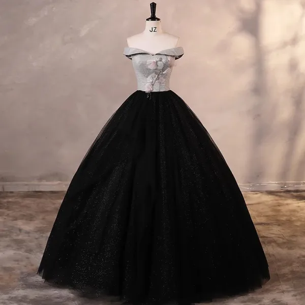Elegant Black Glitter Prom Dresses 2023 Ball Gown Off-The-Shoulder  Sleeveless Backless Floor-Length / Long Prom Formal Dresses