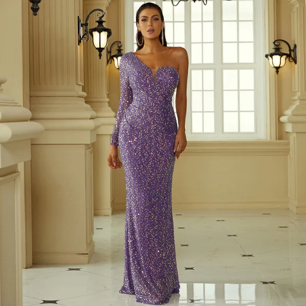 Sexy Grape Paillettes Robe De Soirée 2022 Trompette / Sirène Une épaule Manches Longues Dos Nu Longue Soirée Robe De Ceremonie