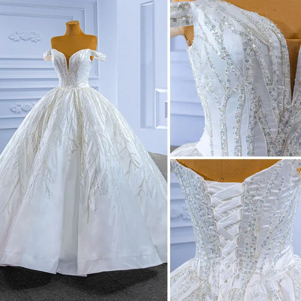 High End Weiß Perlenstickerei Pailletten Brautkleider / Hochzeitskleider 2022 Ballkleid Off Shoulder Ärmellos Rückenfreies Lange Hochzeit
