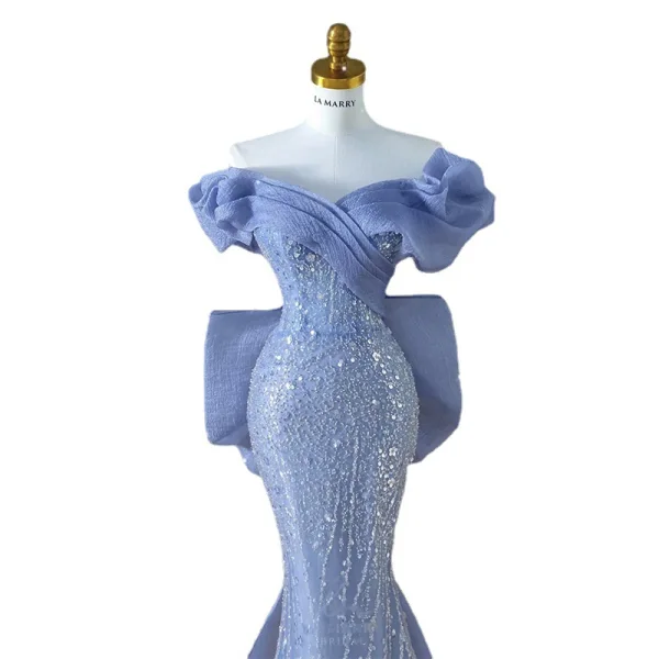 Mode Charmant Bleu Ciel Perlage Paillettes Robe De Soirée 2023 Trompette / Sirène De l'épaule Manches Courtes Dos Nu Noeud Train De Balayage Soirée Robe De Ceremonie