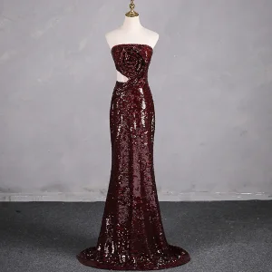 Sparkly Burgundy Rose Sequins Evening Dresses 2024 Trumpet Mermaid Strapless Sleeveless Backless Sweep Train Evening Party Formal Dresses