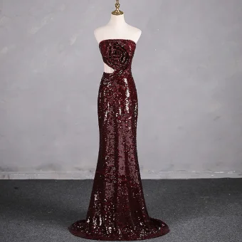 Sparkly Burgundy Rose Sequins Evening Dresses 2024 Trumpet Mermaid Strapless Sleeveless Backless Sweep Train Evening Party Formal Dresses