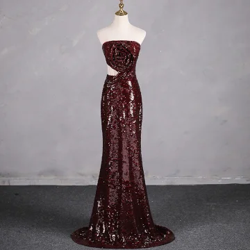 Sparkly Burgundy Rose Sequins Evening Dresses 2024 Trumpet Mermaid Strapless Sleeveless Backless Sweep Train Evening Party Formal Dresses