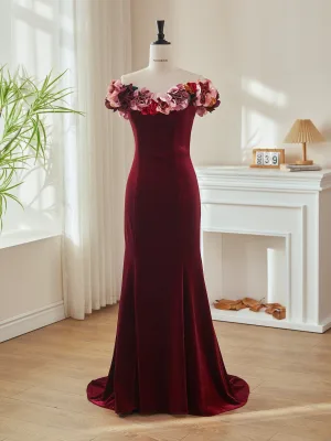 Vintage Bordeaux Appliques Flueel Avondjurken 2026 Trompet Zeemeermin Uit De Schouder Korte Mouwen Ruglooze Sweep Trein