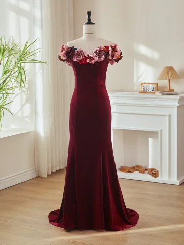 Vintage Burgunderrot Applikationen Samt Abendkleider 2026 Meerjungfrau Off Shoulder Kurze Ärmel Rückenfreies Sweep Pinsel Zug