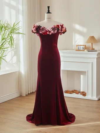 Vintage Bourgogne Applikationsbroderi Fløjl Selskabskjoler 2026 Havfrue Off The Shoulder Kort Ærme Halterneck Feje Tog