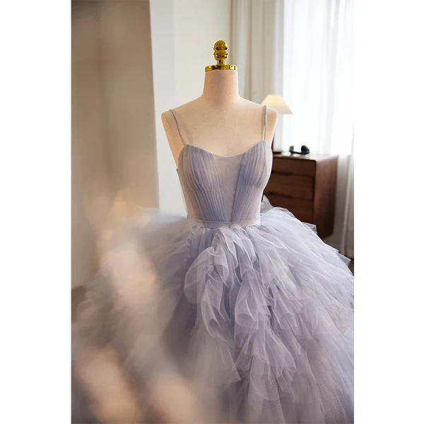 Fashion Sky Blue Cascading Ruffles Prom Dresses 2023 Ball Gown Spaghetti Straps Sleeveless Sweep Train Formal Dresses