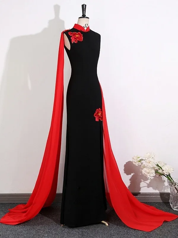 Chinese style Black Lace Flower Evening Party Cheongsam 2025 Trumpet / Mermaid High Neck Sleeveless Floor-Length / Long