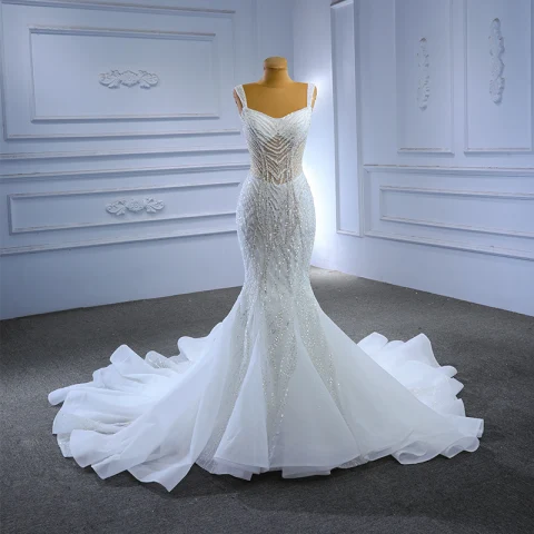 Glitzernden High End Perlenstickerei Strass Pailletten Weiß Brautkleider / Hochzeitskleider 2023 Meerjungfrau Eckiger Ausschnitt Ärmellos Rückenfreies Kapelle-Schleppe Hochzeit
