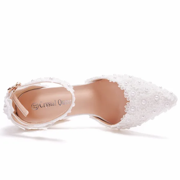 Élégant Blanche Perle En Dentelle Fleur Chaussure De Mariée 2022 Bride Cheville 10 cm Talons Épais À Bout Pointu Mariage Talons Hauts