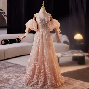 Charming Candy Pink Beading Pearl Sequins Appliques Prom Dresses 2025 A Line Princess Strapless Puffy Short Sleeve Backless Floor Length Long Formal Dresses