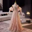 Charming Candy Pink Beading Pearl Sequins Appliques Prom Dresses 2025 A-Line / Princess Strapless Puffy Short Sleeve Backless Floor-Length / Long Formal Dresses