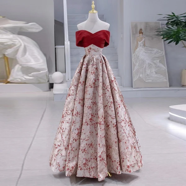 Fashion Sky Blue Printing Prom Dresses 2024 A-Line / Princess Off-The-Shoulder Short Sleeve Backless Floor-Length / Long Prom Formal Dresses