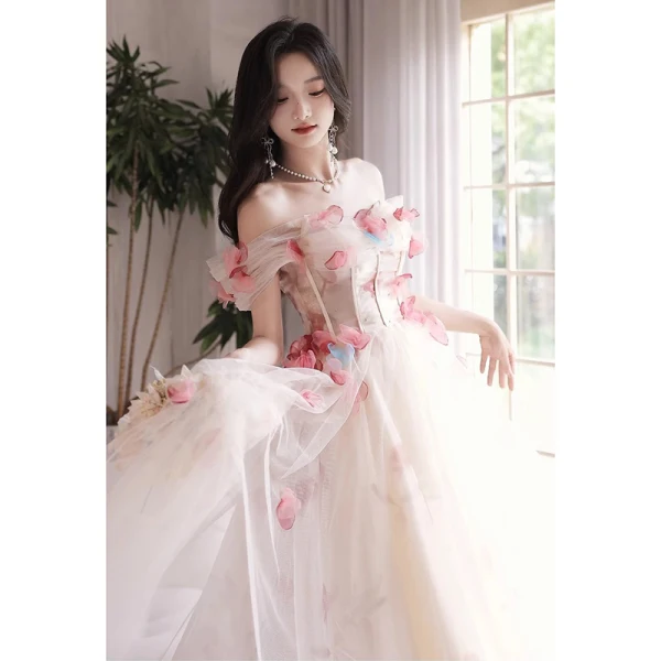 Flower Fairy White Appliques Prom Dresses 2023 A-Line / Princess Off-The-Shoulder Short Sleeve Backless Floor-Length / Long Prom Formal Dresses
