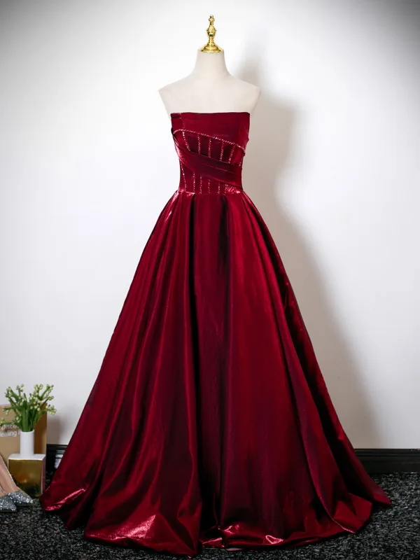 Chic / Beautiful Burgundy Beading Prom Dresses 2025 Ball Gown Off-The-Shoulder Sleeveless Backless Floor-Length / Long Formal Dresses