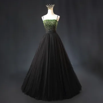 Haut De Gamme Noire Fait Main Perlage Paillettes Robe De Soirée 2023 Princesse Bretelles Spaghetti Sans Manches Dos Nu Longue Soirée Robe De Ceremonie