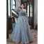 Chic / Beautiful Sky Blue Cascading Ruffles Pearl Prom Dresses 2023 A-Line / Princess Strapless Sleeveless Backless Floor-Length / Long Prom Formal Dresses