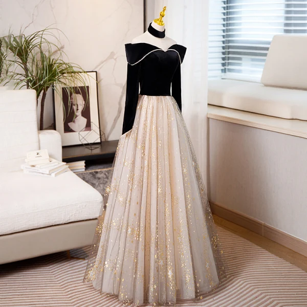 Charming Black Star Sequins Evening Dresses 2023 A-Line / Princess Pearl Off-The-Shoulder Long Sleeve Backless Floor-Length / Long Evening Party Formal Dresses