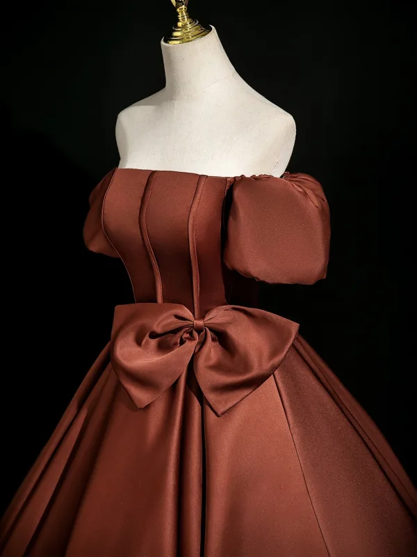 Vintage / Retro Brown Bow Satin Prom Dresses Ball Gown 2025 Off-The-Shoulder Short Sleeve Backless Floor-Length / Long Formal Dresses