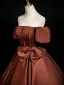 Vintage / Retro Brown Bow Satin Prom Dresses Ball Gown 2025 Off-The-Shoulder Short Sleeve Backless Floor-Length / Long Formal Dresses