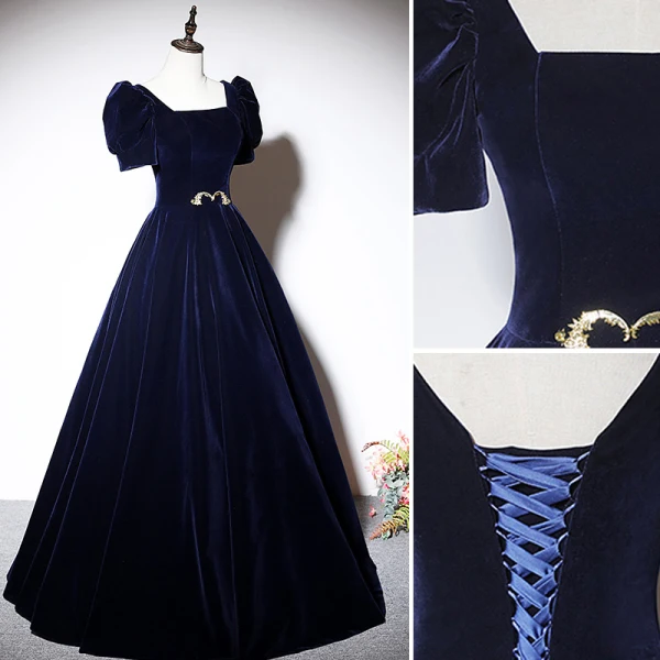 Elegant Navy Blue Suede Evening Dresses 2023 A-Line / Princess Square Neckline Short Sleeve Backless Floor-Length / Long Evening Party Formal Dresses