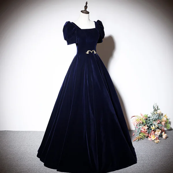 Elegant Navy Blue Suede Evening Dresses 2023 A-Line / Princess Square Neckline Short Sleeve Backless Floor-Length / Long Evening Party Formal Dresses
