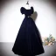 Elegant Navy Blue Suede Evening Dresses 2023 A-Line / Princess Square Neckline Short Sleeve Backless Floor-Length / Long Evening Party Formal Dresses