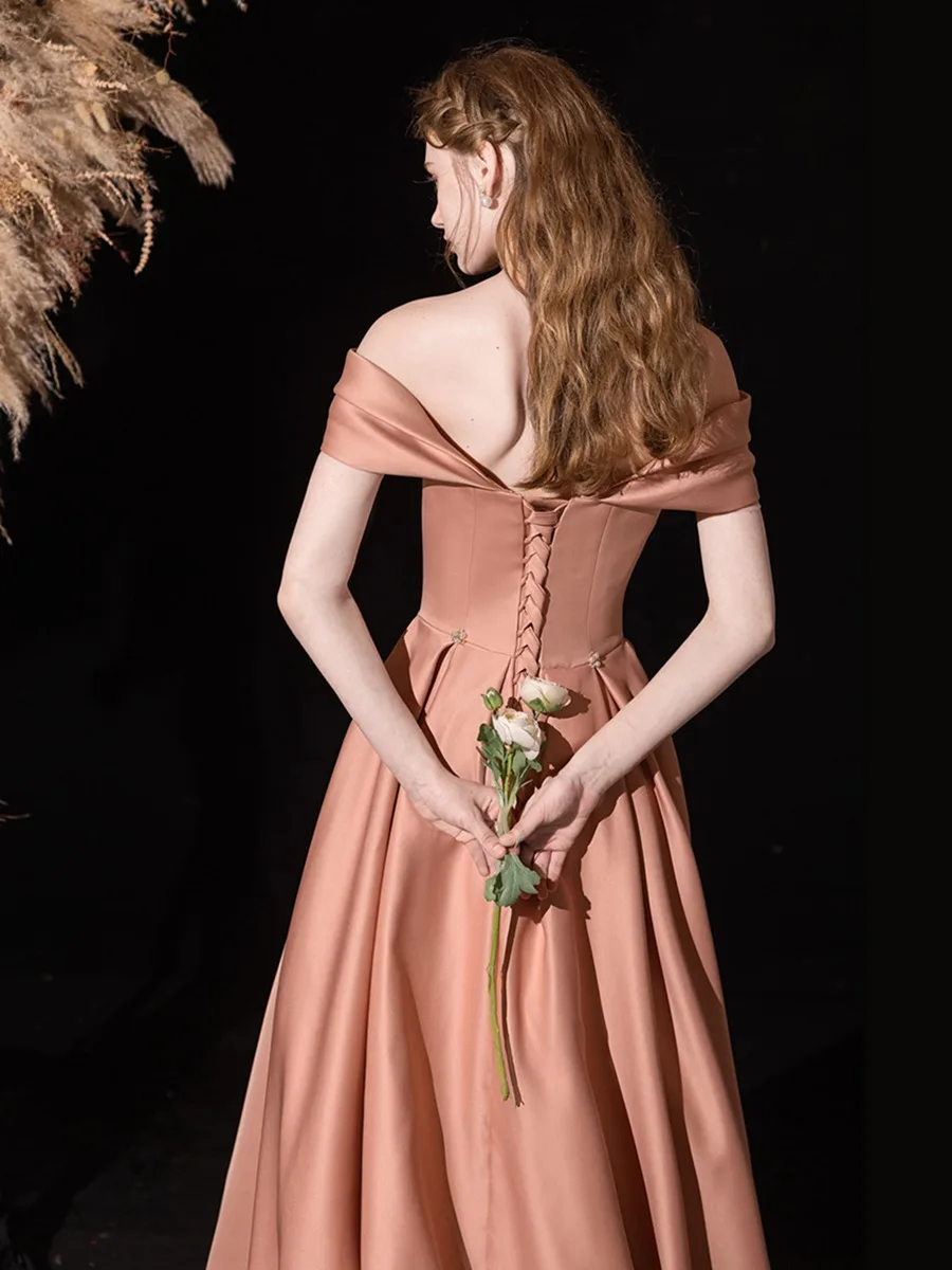 Elegant Nude Satin Prom Dresses 2025 A Line Princess Off The Shoulder  Sleeveless Backless Floor Length Long Prom Formal Dresses