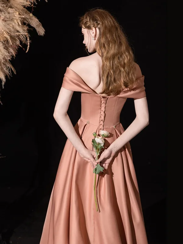 Elegant Nude Satin Prom Dresses 2025 A-Line / Princess Off-The-Shoulder Sleeveless Backless Floor-Length / Long Prom Formal Dresses