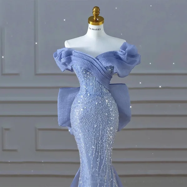 Mode Charmant Bleu Ciel Perlage Paillettes Robe De Soirée 2023 Trompette / Sirène De l'épaule Manches Courtes Dos Nu Noeud Train De Balayage Soirée Robe De Ceremonie