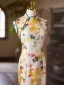 Chinese style Yellow Printing Tea-length Prom Split Front Cheongsam 2024 Trumpet / Mermaid High Neck Sleeveless