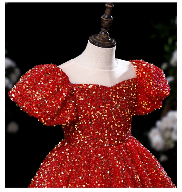 Scintillantes Rouge Paillettes Soirée Robe Ceremonie Fille 2022 Robe Boule Encolure Dégagée Gonflée Manches Courtes Longue Robe Ceremonie Fille