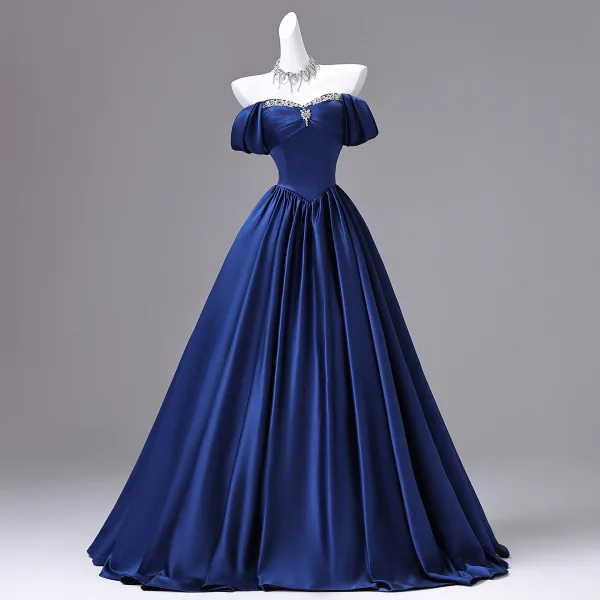 Vintage / Originale Bleu Roi Faux Diamant Robe De Bal 2026 Robe Boule Bustier Sans Manches Dos Nu Longue Robe De Ceremonie