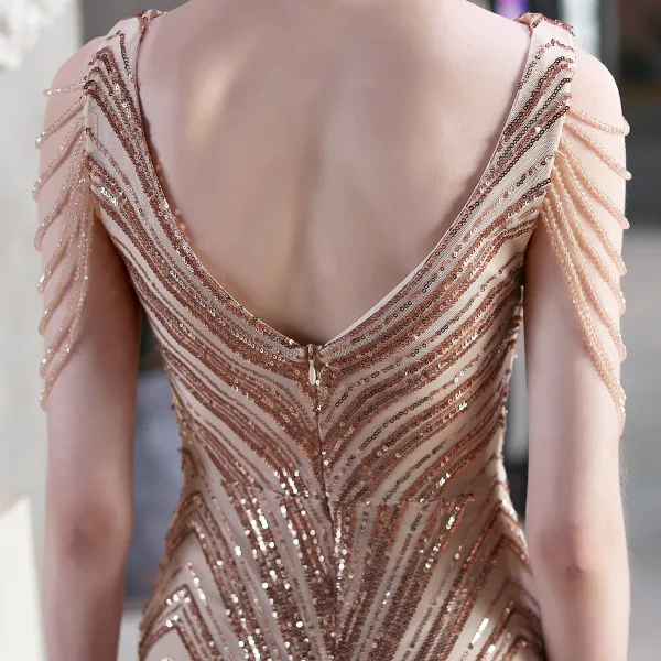 Charming White Beading Sequins Evening Dresses 2023 Trumpet / Mermaid V-Neck Sleeveless Backless Floor-Length / Long Evening Party Formal Dresses
