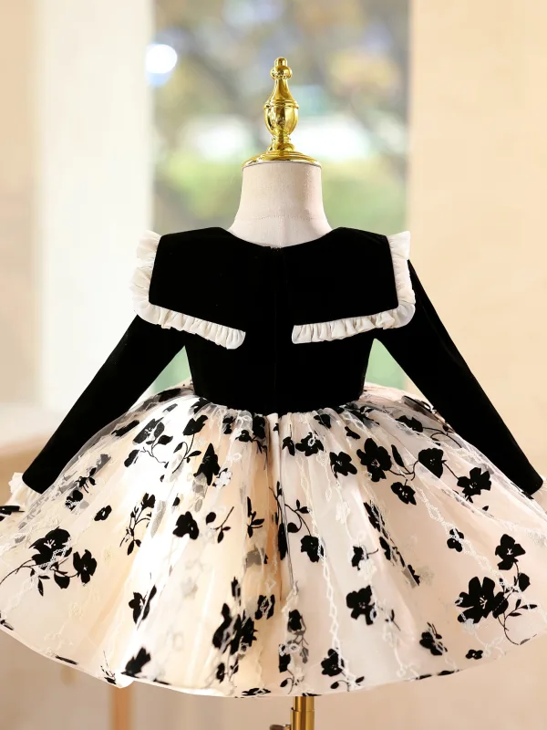 Chic / Beautiful Black Printing Birthday Short Flower Girl Dresses 2025 Ball Gown Scoop Neck Long Sleeve Tulle