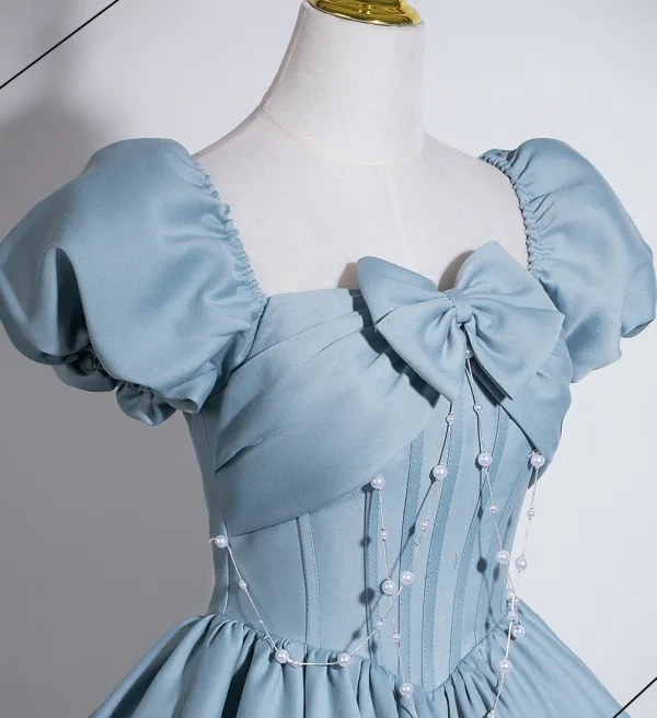 Élégant Bleu Ciel Noeud Robe De Bal 2026 Robe Boule Encolure Carrée Gonflée Manches Courtes Dos Nu Longue Robe De Ceremonie