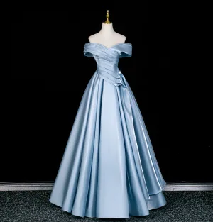 Elegant Sky Blue Satin Prom Dresses 2026 A Line Princess Off The Shoulder Sleeveless Backless Floor Length Long Prom Formal Dresses