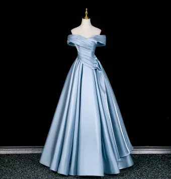 Elegant Sky Blue Satin Prom Dresses 2026 A Line Princess Off The Shoulder Sleeveless Backless Floor Length Long Prom Formal Dresses