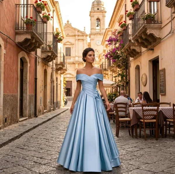 Elegante Himmelblau Satin Ballkleider 2026 A Linie Off Shoulder Ärmellos Rückenfreies Lange Ball Festliche Kleider