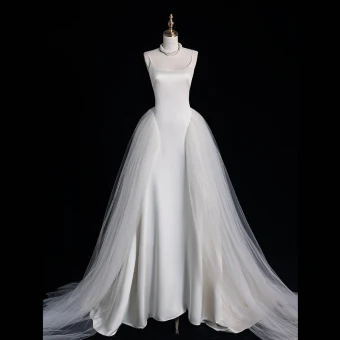 Audrey Hepburn Style White Satin Wedding Dresses 2023 A Line Princess Spaghetti Straps Sleeveless Backless Sweep Train Wedding