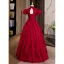 Vintage / Retro Burgundy Pearl Lace Flower Prom Dresses 2022 A-Line / Princess High Neck Puffy Short Sleeve Floor-Length / Long Backless Formal Dresses