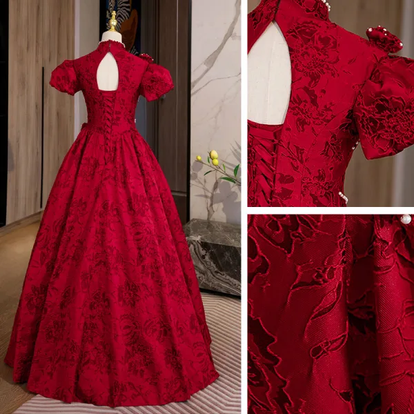 Vintage / Retro Burgundy Pearl Lace Flower Prom Dresses 2022 A-Line / Princess High Neck Puffy Short Sleeve Floor-Length / Long Backless Formal Dresses
