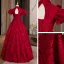 Vintage / Retro Burgundy Pearl Lace Flower Prom Dresses 2022 A-Line / Princess High Neck Puffy Short Sleeve Floor-Length / Long Backless Formal Dresses