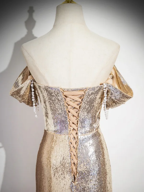 Sexy Scintillantes Doré Paillettes Robe De Soirée 2025 Trompette / Sirène Bustier Sans Manches Dos Nu Train De Balayage Soirée Robe De Ceremonie