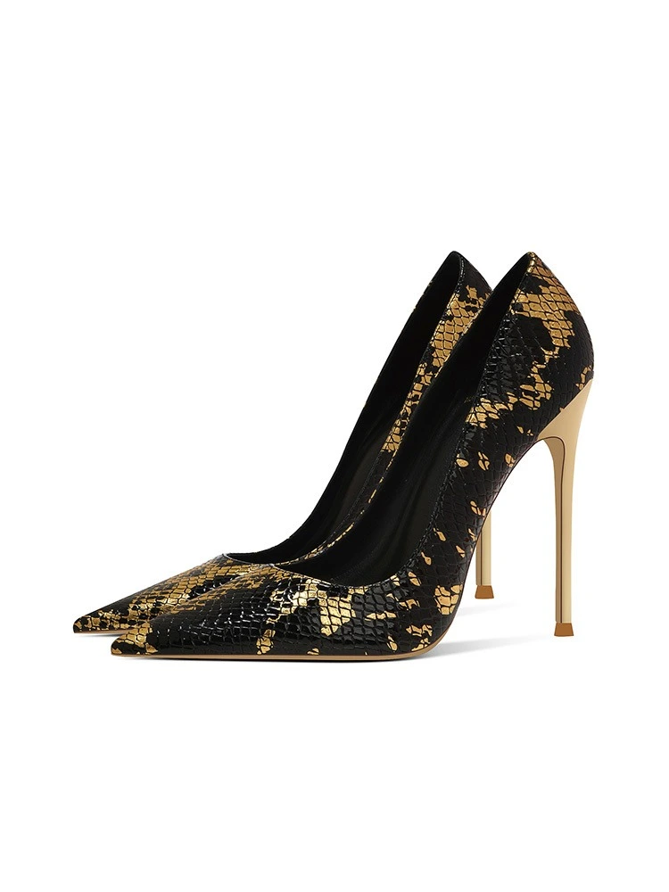 Mode Noire Dore Soiree Motif Peau De Serpent Escarpins 2025 10 cm Talons Aiguilles A Bout Pointu Escarpins Talons Hauts