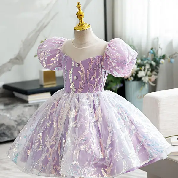 Chic / Beautiful Lavender Pearl Sequins Birthday Flower Girl Dresses 2022 Ball Gown Scoop Neck Puffy Short Sleeve Bow Short Flower Girl Dresses