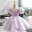Chic / Beautiful Lavender Pearl Sequins Birthday Flower Girl Dresses 2022 Ball Gown Scoop Neck Puffy Short Sleeve Bow Short Flower Girl Dresses