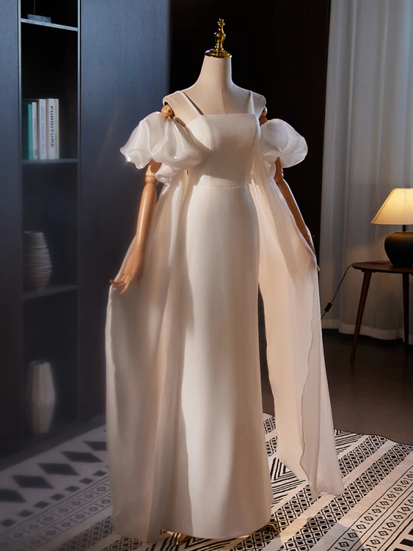 Schöne Beige Leichtes Brautkleider / Hochzeitskleider 2024 Meerjungfrau Spaghettiträger Geschwollenes Kurze Ärmel Rückenfreies Lange Hochzeit