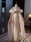 Schöne Beige Leichtes Brautkleider / Hochzeitskleider 2024 Meerjungfrau Spaghettiträger Geschwollenes Kurze Ärmel Rückenfreies Lange Hochzeit