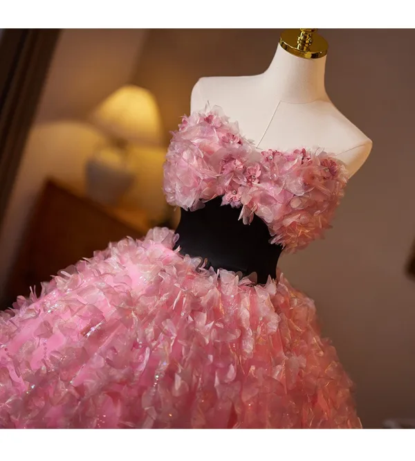 Flower Fairy Candy Pink Appliques Prom Dresses 2025 Ball Gown Strapless Sleeveless Backless Tea-length Tulle Prom Formal Dresses